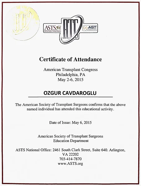 American Transplant Congress katılım belgesi