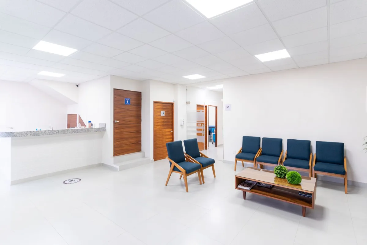 Habibler Clinic bekleme salonu — gün ışığı alan, lacivert koltuklu karşılama alanı